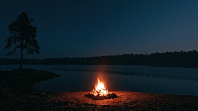 Campfire glows by tranquil lake under starlit night