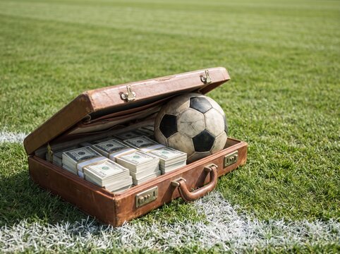 Vintage briefcase filled with money and a soccer ball on a grass football pitch. Perfect for sports corruption themes.
