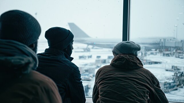 People in hats at airport window watching planes in snow