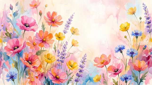Pastel wildflower meadow background with impressionist poppies cosmos and lavender flowers painting