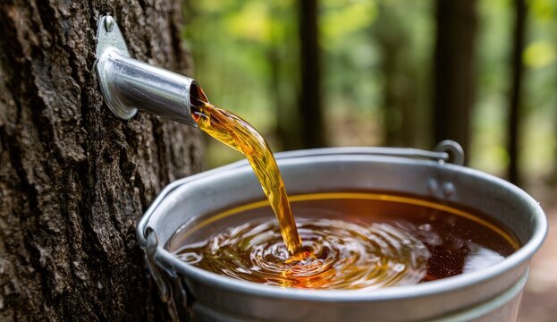 Tree sap flows from spout into a metal bucket collecting liquid