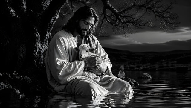 Cinematic black and white portrait of Jesus Christ with lamb under oak tree