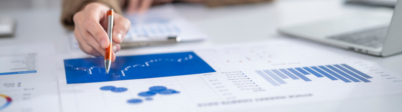 Business person analyzing financial documents and charts on desk in office