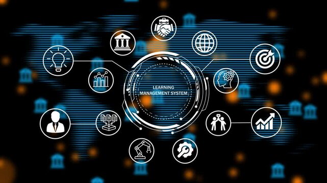 learning management system concept on virtual screen with business, technology and network icons around technology interface. 4k animation video on world map background.