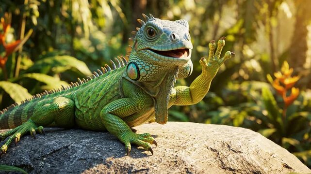 Cute Iguana Waving Hello in Lush Tropical Jungle Nature Background