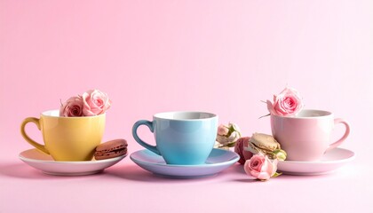 Fototapeta premium Colorful tea cups with roses and macarons on pink background