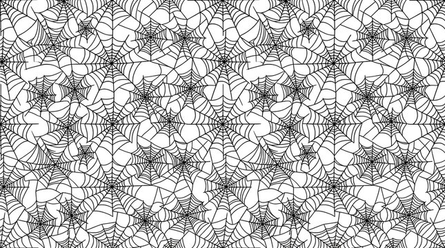 Seamless pattern with black spider webs on a white background