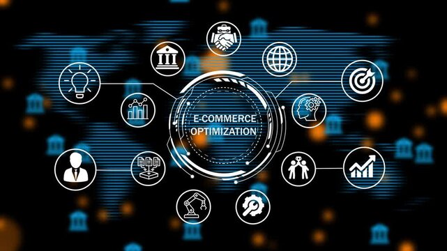 e-commerce optimization concept on virtual screen with business, technology and network icons around technology interface. 4k animation video on world map background.