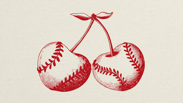 Red cherries designed as baseballs with vintage linework, suitable for sports blogs, summer themes and playful concepts