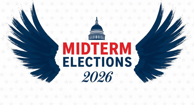 Bold "MIDTERM ELECTIONS 2026" text with patriotic wings and capitol building, concept for voting, political campaigns and civic engagement