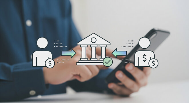 Digital bank transfer icons with money symbols and arrows, showing person-to-person financial exchange, suitable for finance apps, online banking and payment services