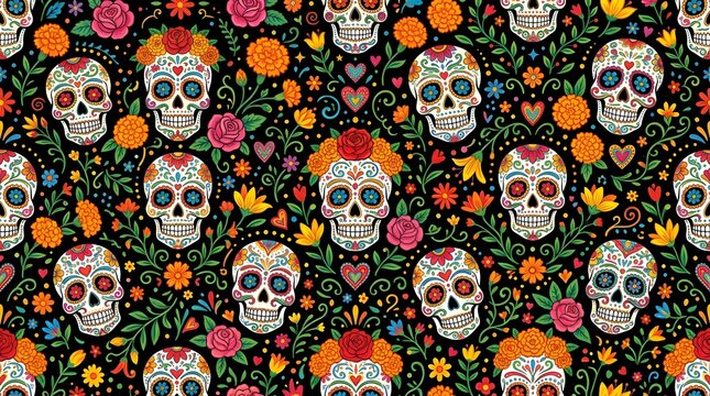 Seamless pattern with sugar skulls and flowers for day of the dead
