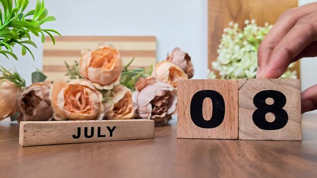 Hand placing wooden calendar blocks showing july 8 on a wooden table