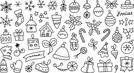 Obraz premium Hand Drawn Christmas Doodles and Winter Holiday Elements Icon Set for New Year Greeting Cards and Festive Patterns