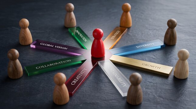 Core business values and corporate strategy around a red leader.