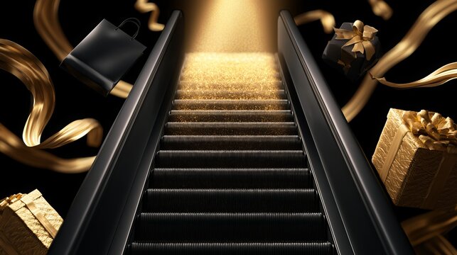 Luxury black escalator leading into glowing golden light with floating shopping bags and premium gift boxes.