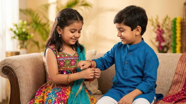 Sister tying rakhi on brother's wrist for Raksha Bandhan.
