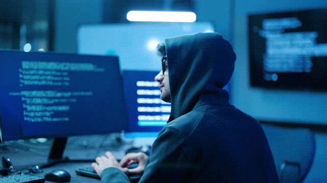 Unrecognizable hacker in a black hoodie typing on computer keyboard in a dark room. Multiple monitors showing programming code. Cyber security threat, data breach, and hacking attack concept.