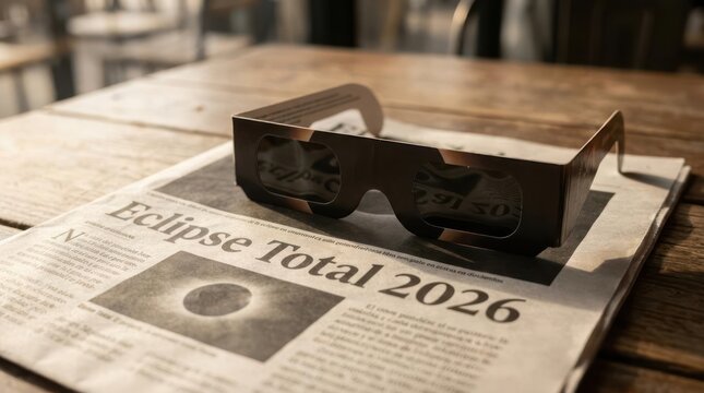 Solar eclipse glasses on a 2026 total eclipse newspaper.