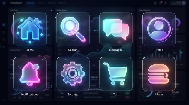 A dark, futuristic interface displays a collection of glowing icons arranged in a grid.