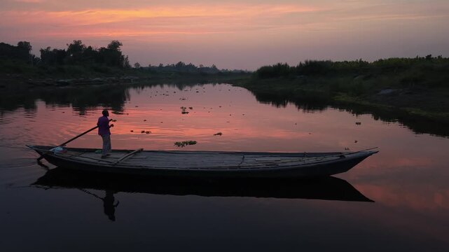 Silhouette of a lone person rowing a traditional wooden boat on a calm river at sunset with