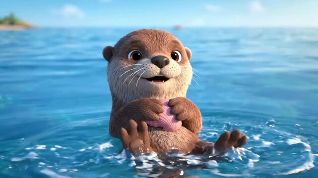 Cute Otter Playing with Seashell in Calm Blue Water