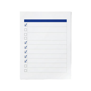 A white sheet of paper featuring a vertical column of checkboxes with several blue checkmarks and horizontal ruled lines on a white background