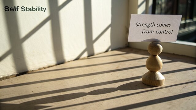 Wooden figure with motivational quote on stability and control in soft sunlight, creating an inspiring atmosphere in a room
