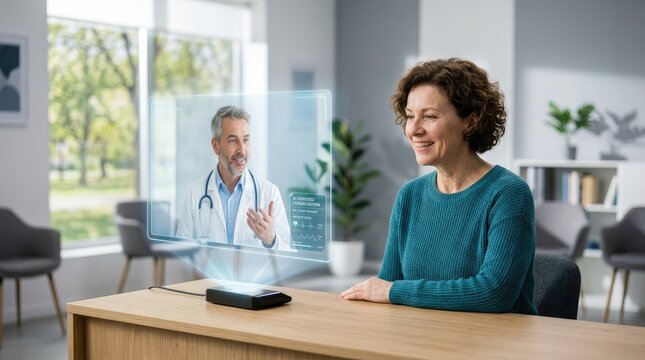 A doctor is conducting a virtual consultation with a woman via a holographic display. The doctor, wearing a stethoscope, gestures towards the floating screen, which shows medical data.