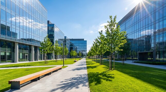 Sunlit glass office buildings and modern architecture with green park landscape high rise building architecture