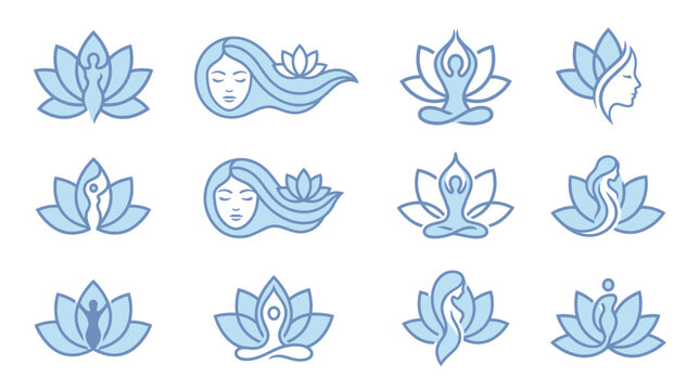 Blue Lotus Flower Icons Set.