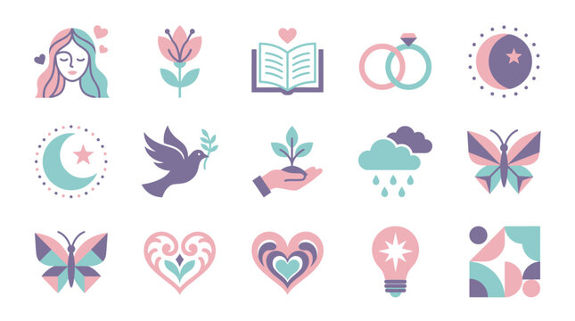 Colorful pastel love icons set.