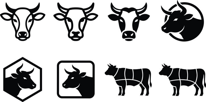 Cow and Bull Head Silhouette Vector Set with Butcher Beef Cut Charts, Horned Livestock Badges, and Farm Ranch Emblems for Steakhouse Logo Designs