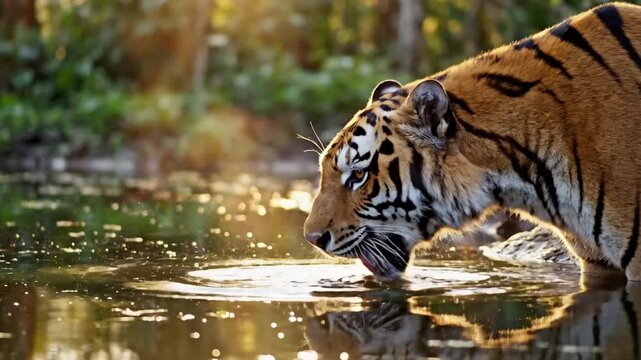 Majestic Bengal tiger drinking water from a serene pond in the jungle during golden hour with warm sunlight filtering through trees and sparkling reflections.