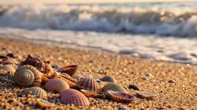Seashells lying on sandy beach with gentle waves in the background at sunset