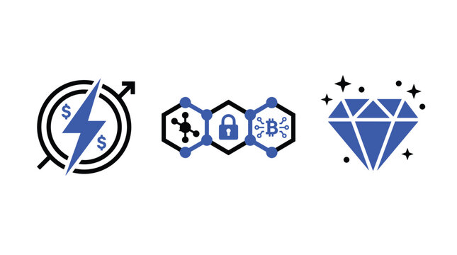 Fintech blockchain security and valuable asset icons.