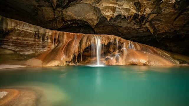 Small waterfall flowing over orange rock formations inside a cave