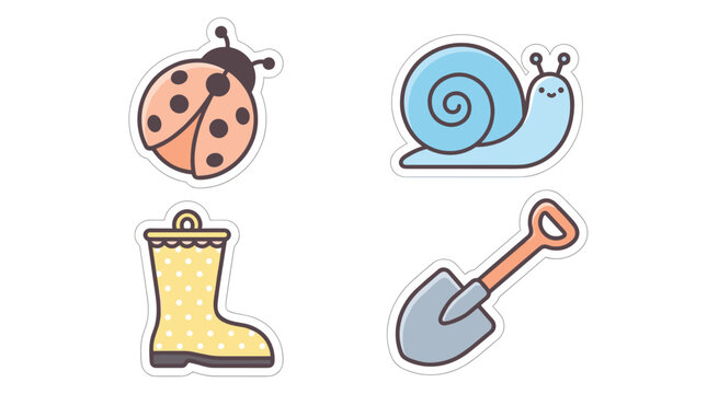 Gardening stickers set featuring insects and hand tools.