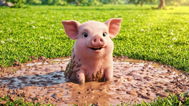 Cute Piglet Splashing Merrily in Muddy Puddle - Joyful Animal Mascot