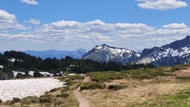 Panoramic view of Mount Baker and snow patches in Washington state