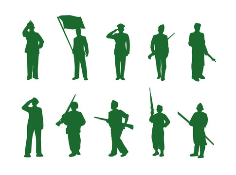 A collection of soldier silhouettes featuring various military character poses