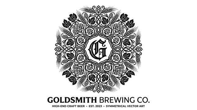Goldsmith Brewing Co circular logo with hops and barley.
