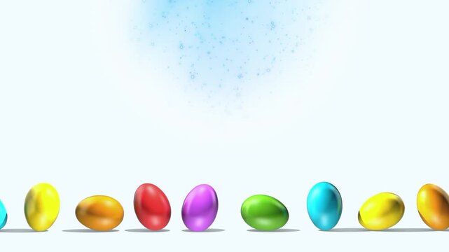 Colorful easter eggs in a row on white background with blue sparkles