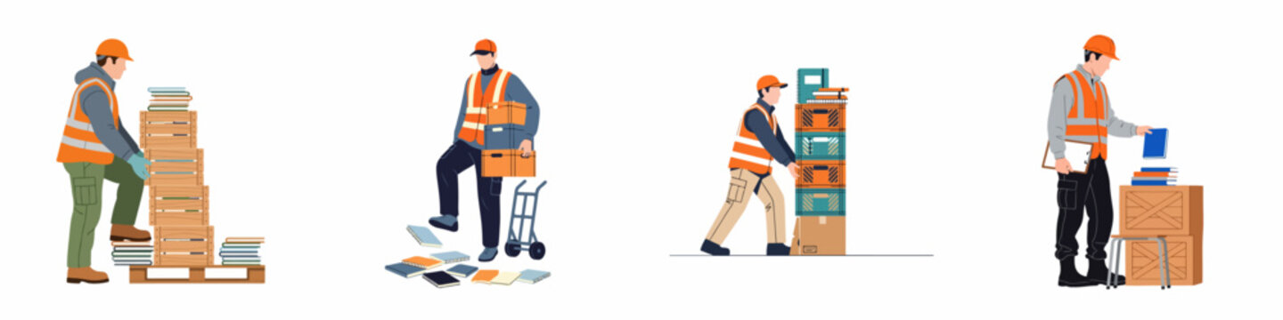 Set of warehouse workers wearing safety vests and hard hats, managing inventory by stacking crates and organizing boxes in a professional logistics environment.
