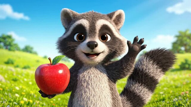 Cute Raccoon Mascot Waving with Apple in Sunny Meadow Animation