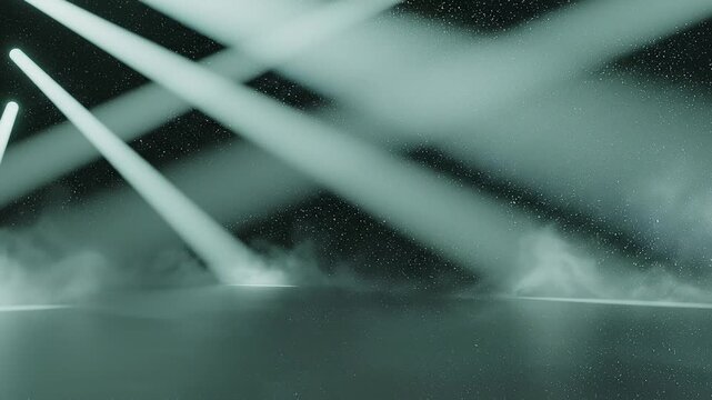 ミントグリーンのスポットライトが煙の立ち込める床を照らすループ映像素材