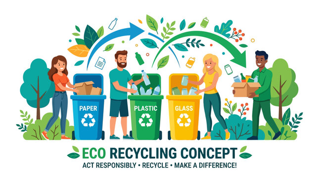 People sorting waste into bins for recycling