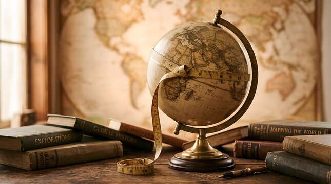 A vintage globe with a measuring tape and books, representing global education and the spirit of World Teachers&rsquo; Day