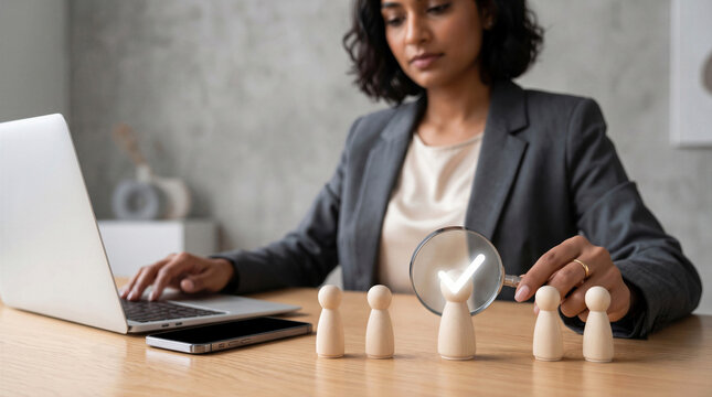 Businesswoman using magnifying glass to select a wooden figure with a checkmark. Recruitment, hiring, and choosing the right employee