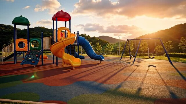 Colorful kids playground at sunset in mountain park